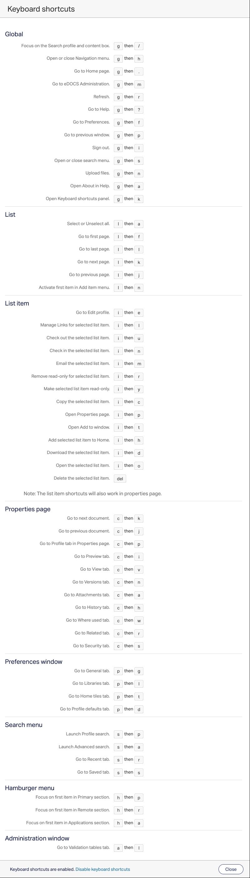 Keybord shortcuts list